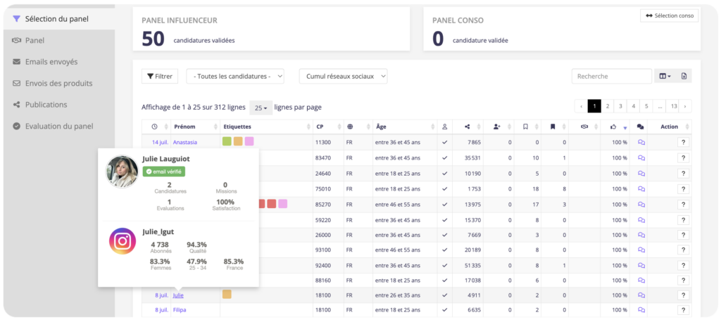 Illustration de l'interface pour choisir les influenceurs. 